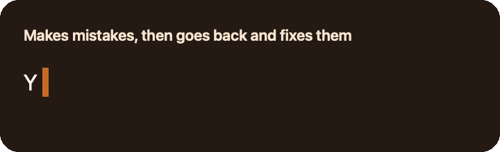 Animated preview of an auto typer that types like a human, makes a mistake, moves the cursor back, and corrects it.